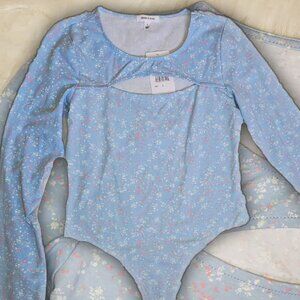 NWT Cottagecore Blue ditsy floral long sleeve bodysuit Cut Out Bodycon